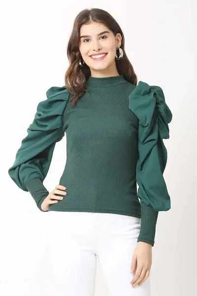 Solid High Neck Top with Puff Sleeve