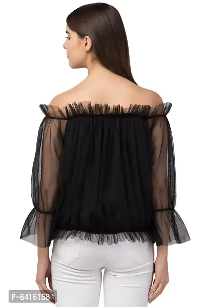 Women Ruffle Net Black  Top-thumb3