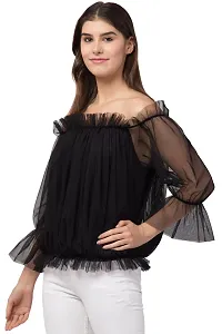 Women Ruffle Net Black  Top-thumb1