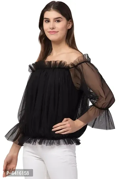 Women Ruffle Net Black  Top-thumb2