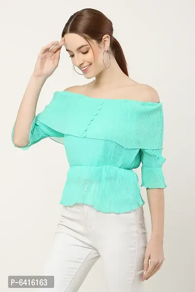 Women Off Shoulder CyanBlue Casual Top-thumb2