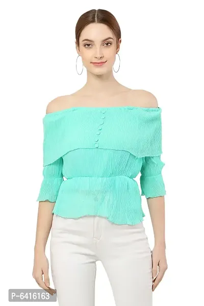 Women Off Shoulder CyanBlue Casual Top-thumb0