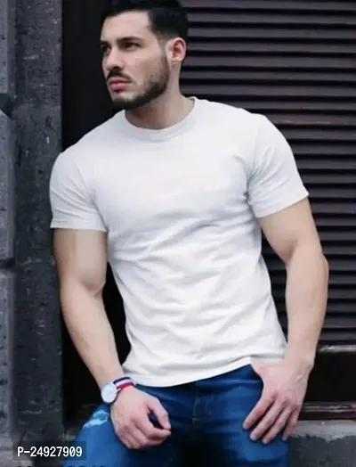 Stylish White Polycotton Solid Round Neck Tees For Men