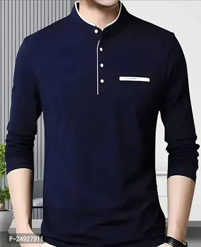 Stylish Navy Blue Polycotton Solid Round Neck Tees For Men-thumb0