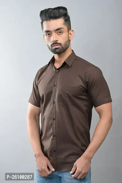 Stylish Brown Cotton Linen Short Sleeves Shirt For Men-thumb0