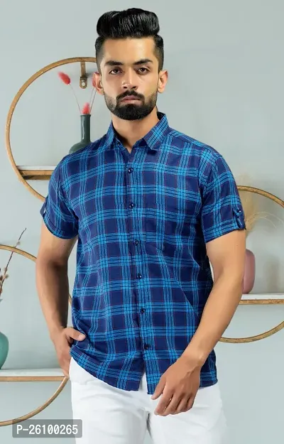 Stylish Blue Cotton Blend Short Sleeves Shirt For Men-thumb0