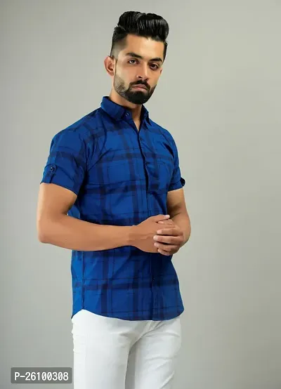 Stylish Blue Pure Cotton Short Sleeves Shirt For Men-thumb3