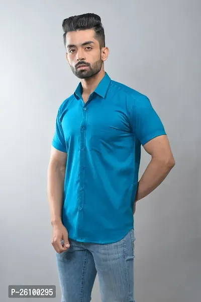 Stylish Blue Cotton Linen Short Sleeves Shirt For Men-thumb0