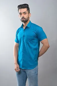 Stylish Blue Cotton Linen Short Sleeves Shirt For Men-thumb2