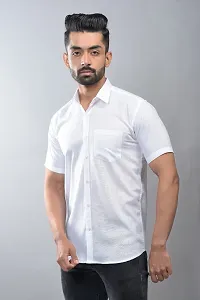 Stylish White Cotton Linen Short Sleeves Shirt For Men-thumb2