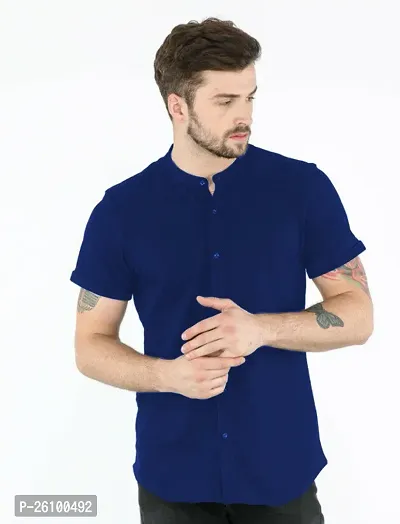 Stylish Dark Blue Cotton Blend Short Sleeves Shirt For Men