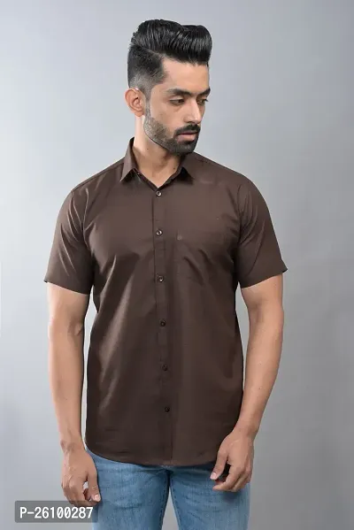 Stylish Brown Cotton Linen Short Sleeves Shirt For Men-thumb3