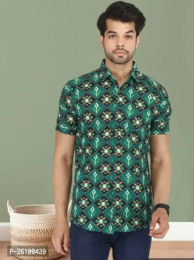 Stylish Green Cotton Blend Short Sleeves Shirt For Men-thumb0