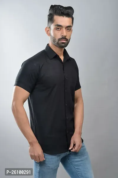 Stylish Black Cotton Linen Short Sleeves Shirt For Men-thumb3