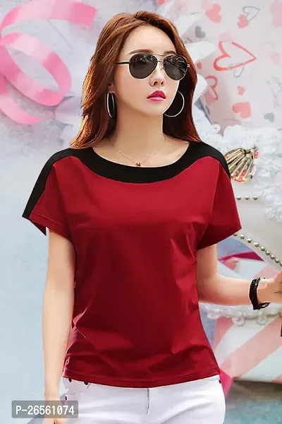 Women Colorblock Round Neck Cotton Blend Maroon T-Shirt