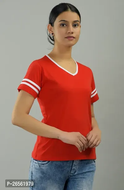 Women Solid V Neck Cotton Blend Red T-Shirt-thumb0