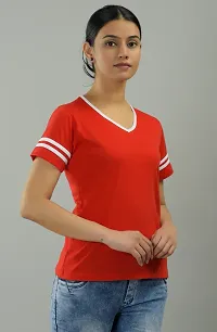 Women Solid V Neck Cotton Blend Red T-Shirt-thumb1