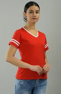 Women Solid V Neck Cotton Blend Red T-Shirt-thumb3