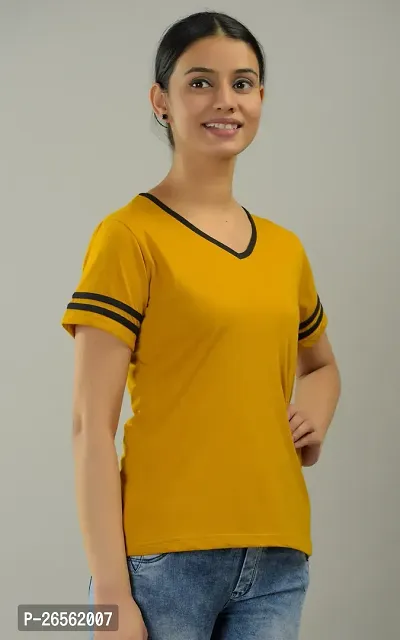 Women Solid V Neck Cotton Blend Yellow T-Shirt