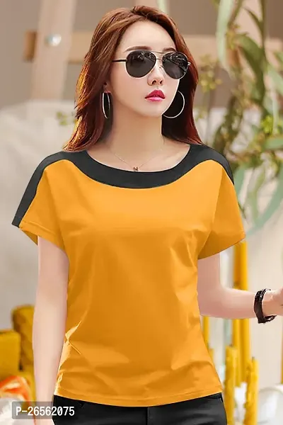 Women Solid Round Neck Cotton Blend Yellow T-Shirt-thumb0