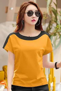 Women Solid Round Neck Cotton Blend Yellow T-Shirt-thumb1