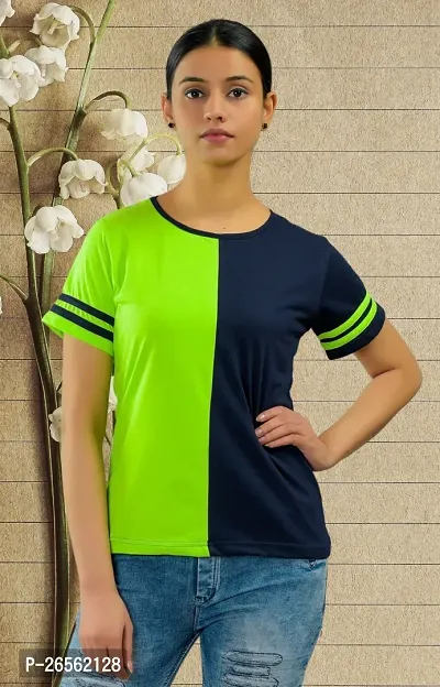 Women Solid Round Neck Cotton Blend Blue, Light Green T-Shirt-thumb0