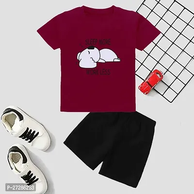 Stylish Maroon Cotton Blend Printed T-Shirts with Shorts For Boys