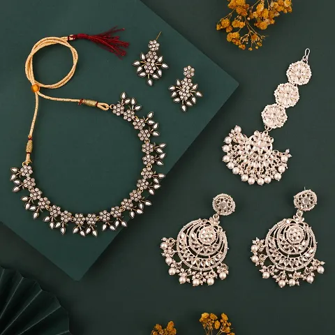 Combo Of 1 Choker Set With 2 Pair Of Earrings And Maang Tikka Set For Women.