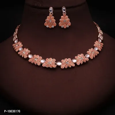 Stylish Rose Gold Necklace Jewellery Set With Earrings For Women And Girls