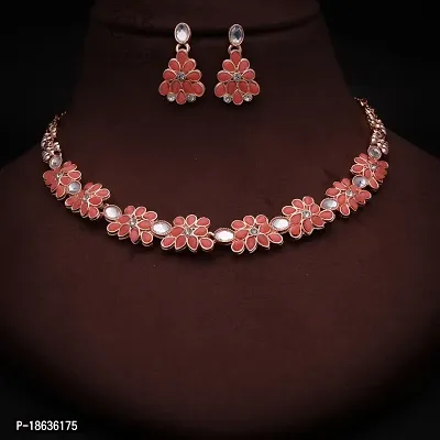 Stylish Rose Gold Necklace Jewellery Set With Earrings For Women And Girls