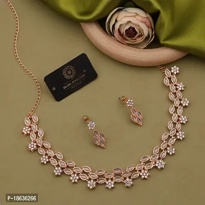 Stylish Rose Gold Necklace With 1 Pair Of Earrings For Women And Girls-thumb0