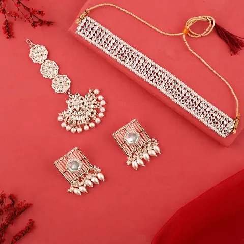 Combo Of 1 Choker Set With Earrings And Maang Tikka Set For Women.