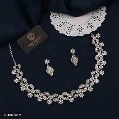 Stylish Silver Necklace With 1 Pair Of Earrings For Women And Girls-thumb2