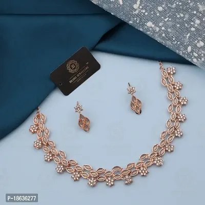 Stylish Rose Gold Necklace With 1 Pair Of Earrings For Women And Girls