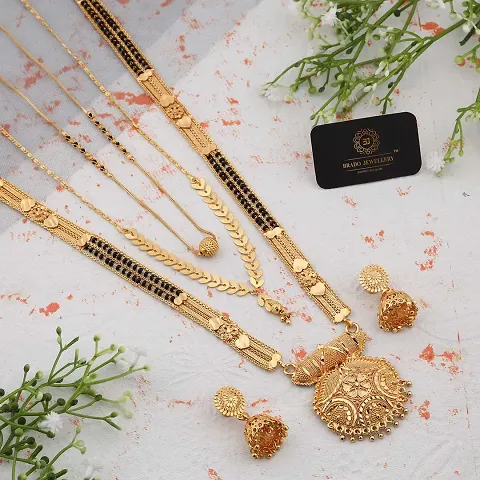 Stylish Alloy Golden Pack Of 3 Mangalsutra And 1 Pair of Earrings