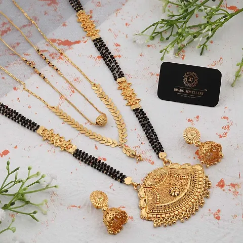 Stylish Alloy Golden Pack Of 3 Mangalsutra And 1 Pair of Earrings