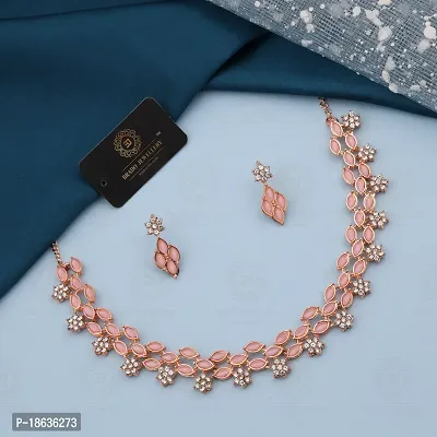 Stylish Rose Gold Necklace With 1 Pair Of Earrings For Women And Girls-thumb0