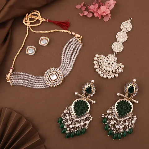 Combo Of 1 Choker Set With 2 Pair Of Earrings And Maang Tikka Set For Women.