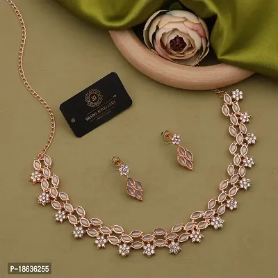 Stylish Rose Gold Necklace With 1 Pair Of Earrings For Women And Girls-thumb2