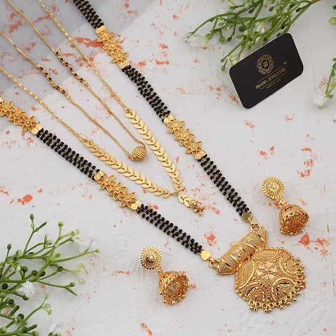 Stylish Alloy Golden Pack Of 3 Mangalsutra And 1 Pair of Earrings