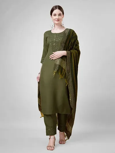 Stylish Cotton Blend Kurta Bottom Dupatta Set