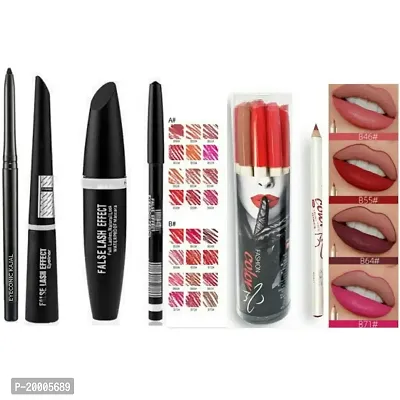 HUDA ZONE Beauty Combo Waterproof Eyeliner, Mascara, Eyebrow Pencil-(Kajal In Black-Set Of 4) With Fashion Colour Lip Liner Pencil-12 Pcs multicolor