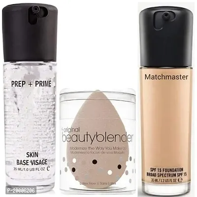 HUDA ZONE Professional Combo Pack Of 3 Matchmaster SPF15 Foundation and Face Prep+Prime Skin Base Primer with Makeup Blender For All Type Of Makeup
