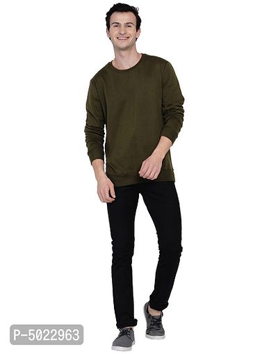Olive Green Pure Cotton Fleece Solid Sweatshirt-thumb4