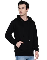 Black Pure Cotton Fleece Solid Hooded Sweatshirt-thumb2