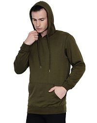 Olive Green Pure Cotton Fleece Solid Hooded Sweatshirt-thumb2
