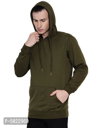 Olive Green Pure Cotton Fleece Solid Hooded Sweatshirt-thumb3