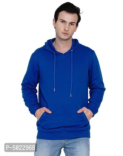 Royal Blue Pure Cotton Fleece Solid Hooded Sweatshirt-thumb0