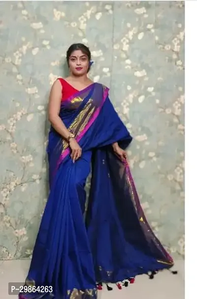 Beautiful Blue Khadi Cotton Zari Women Saree with Blouse Piece