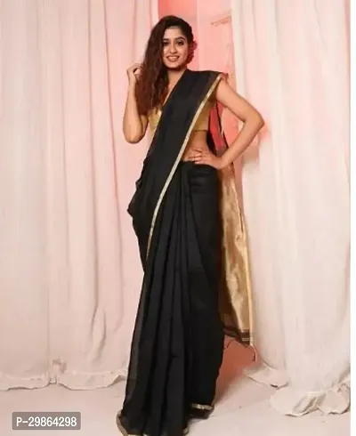 Beautiful Black Cotton Silk Zari Women Saree with Blouse Piece